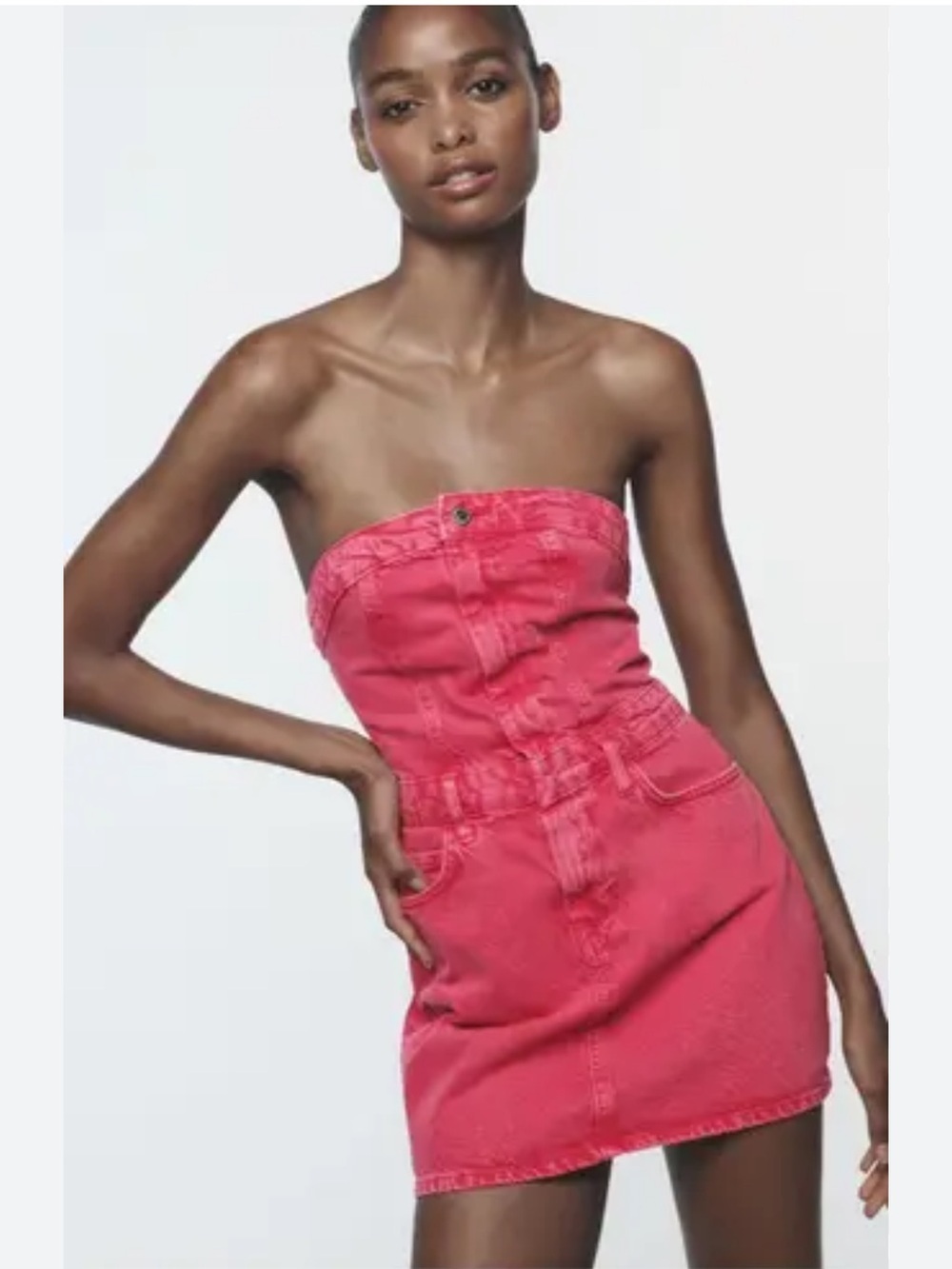 NWT Zara Pink Denim Strapless Mini Dress Size M Barbiecore